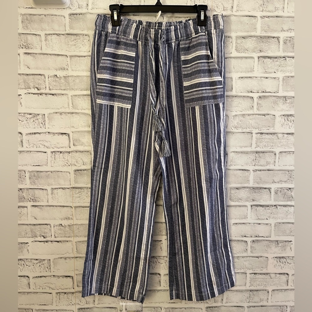 Women’s Beau Dawson BOHO linen blend wide leg blue striped pants PM